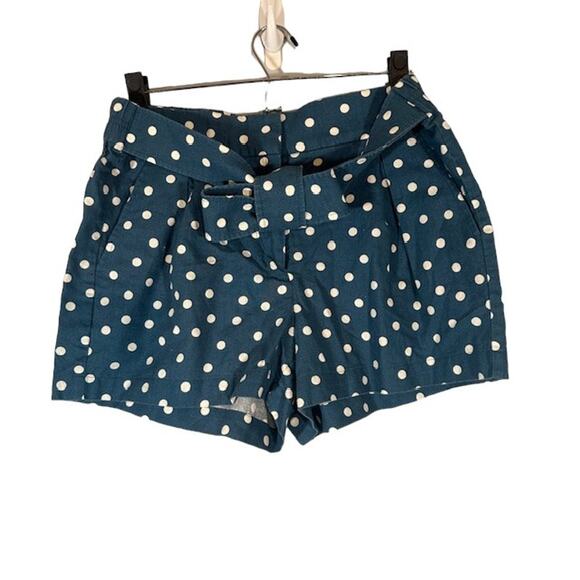 J. Crew Blue & White Polka Dot Linen Blend Belted Dressy Shorts Women Sz 8 - Picture 1 of 10